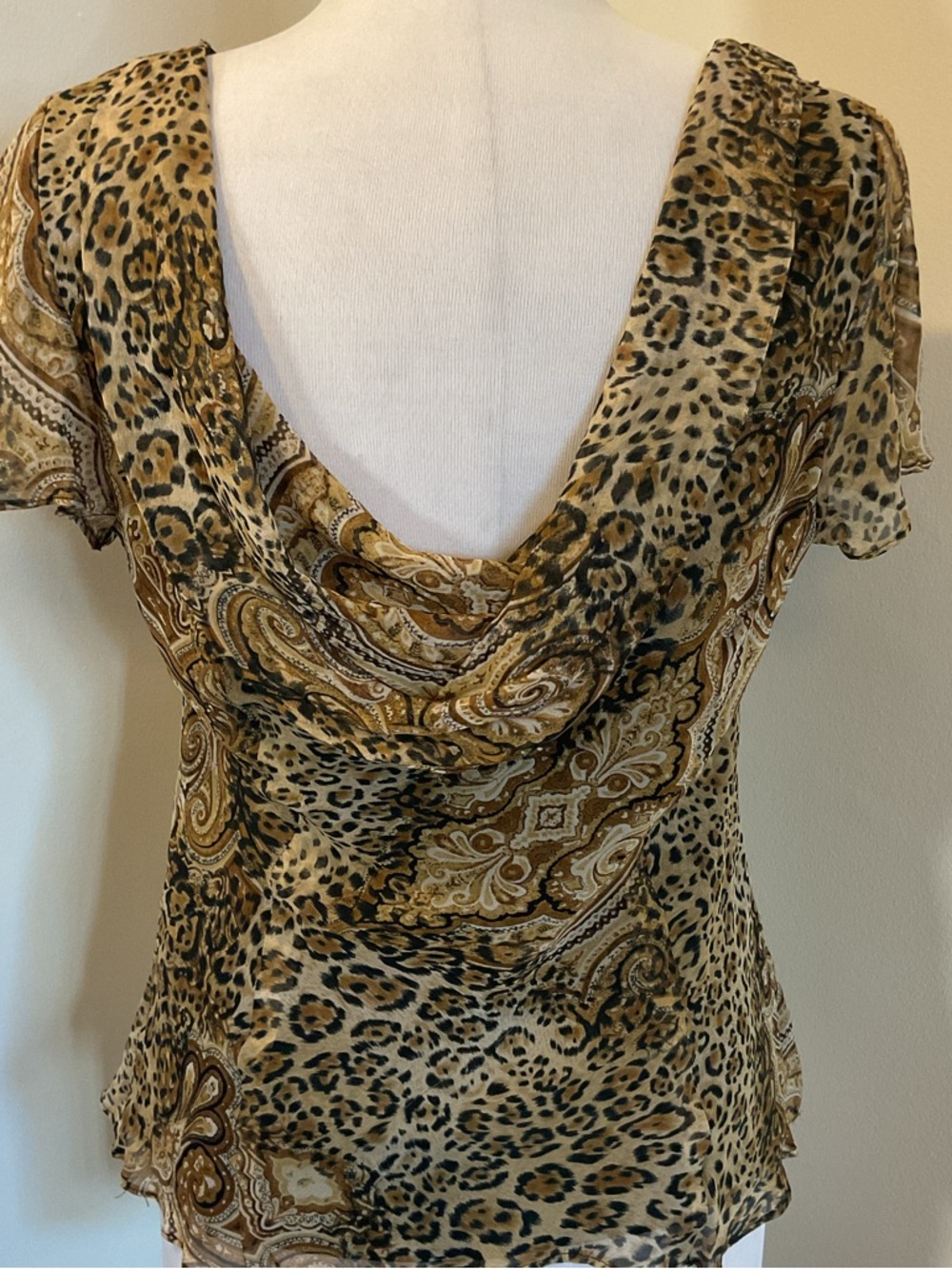 Robbie Bee 100% Silk Blouse Size 14 Paisley Leopard Print Luxury Short Sleeve - Picture 6 of 10